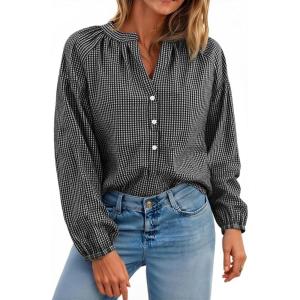 imageCicy Bell Womens Puff Long Sleeve Blouse Gingham Pleated V Neck Button Down Shirts Loose Fit Dressy Casual Fall TopsBlack