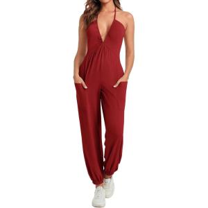 imageCicy Bell Womens Sexy Halter Jumpsuits Casual Deep V Nevk Beach Jogger Long Pants RompersBurgundy