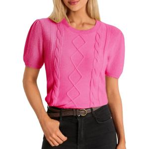 imageCicy Bell Womens Puff Short Sleeve Sweater Tops Cable Knit Crew Neck 2026 Spring Shirts Lightweight Dressy Casual SweatersRose Red
