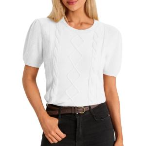 imageCicy Bell Womens Puff Short Sleeve Sweater Tops Cable Knit Crew Neck 2026 Spring Shirts Lightweight Dressy Casual SweatersWhite