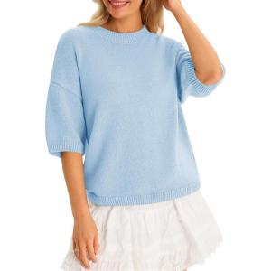 imageCicy Bell Womens Short Sleeve Sweaters Oversized Crew Neck Knit Pullover Tops Summer Loose Fit SweaterBlue
