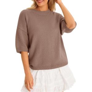 imageCicy Bell Womens Short Sleeve Sweaters Oversized Crew Neck Knit Pullover Tops Summer Loose Fit SweaterBrown