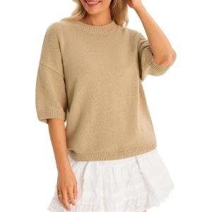 imageCicy Bell Womens Short Sleeve Sweaters Oversized Crew Neck Knit Pullover Tops Summer Loose Fit SweaterKhaki