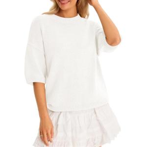 imageCicy Bell Womens Short Sleeve Sweaters Oversized Crew Neck Knit Pullover Tops Summer Loose Fit SweaterWhite
