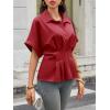 imageCicy Bell Womens Pleated Button Down Blouse Summer Cuffed Short Sleeve Peplum Tops Casual Dressy Fitted Waist ShirtsDark Red
