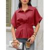 imageCicy Bell Womens Pleated Button Down Blouse Summer Cuffed Short Sleeve Peplum Tops Casual Dressy Fitted Waist ShirtsDark Red