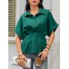 imageCicy Bell Womens Pleated Button Down Blouse Summer Cuffed Short Sleeve Peplum Tops Casual Dressy Fitted Waist ShirtsDeep Green