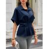 imageCicy Bell Womens Pleated Button Down Blouse Summer Cuffed Short Sleeve Peplum Tops Casual Dressy Fitted Waist ShirtsNavy