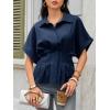 imageCicy Bell Womens Pleated Button Down Blouse Summer Cuffed Short Sleeve Peplum Tops Casual Dressy Fitted Waist ShirtsNavy