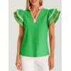 imageCicy Bell Womens Ruffle Color Block Tank Tops V Neck Dressy Casual Blouses Loose Fit Pleated Cotton ShirtsGreen