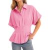 imageCicy Bell Womens Pleated Button Down Blouse Summer Cuffed Short Sleeve Peplum Tops Casual Dressy Fitted Waist ShirtsPink