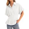 imageCicy Bell Womens Pleated Button Down Blouse Summer Cuffed Short Sleeve Peplum Tops Casual Dressy Fitted Waist ShirtsWhite