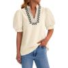 imageCicy Bell Womens Puff Short Sleeve Blouses Summer Casual Dressy Embroidered V Neck Tops Loose Fit Tee ShirtsBeige