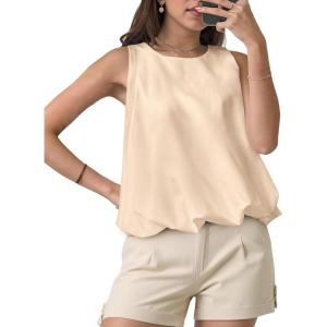 imageCicy Bell Womens Bubble Hem Silk Satin Cropped Tank Tops Summer Dressy Casual Sleeveless Shirts Crewneck Loose Fit BlousesBeige