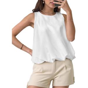 imageCicy Bell Womens Bubble Hem Silk Satin Cropped Tank Tops Summer Dressy Casual Sleeveless Shirts Crewneck Loose Fit BlousesWhite