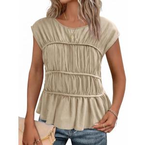 imageCicy Bell Womens Cap Sleeve Peplum Tank Tops Summer Babydoll Smocked Cotton Shirts Casual Crew Neck Pleated BlouseApricot