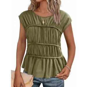 imageCicy Bell Womens Cap Sleeve Peplum Tank Tops Summer Babydoll Smocked Cotton Shirts Casual Crew Neck Pleated BlouseArmy Green