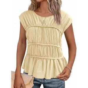 imageCicy Bell Womens Cap Sleeve Peplum Tank Tops Summer Babydoll Smocked Cotton Shirts Casual Crew Neck Pleated BlouseBeige