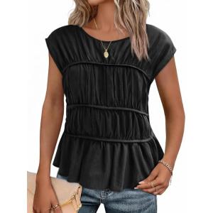 imageCicy Bell Womens Cap Sleeve Peplum Tank Tops Summer Babydoll Smocked Cotton Shirts Casual Crew Neck Pleated BlouseBlack