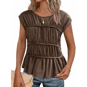 imageCicy Bell Womens Cap Sleeve Peplum Tank Tops Summer Babydoll Smocked Cotton Shirts Casual Crew Neck Pleated BlouseBrown