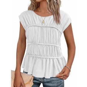 imageCicy Bell Womens Cap Sleeve Peplum Tank Tops Summer Babydoll Smocked Cotton Shirts Casual Crew Neck Pleated BlouseWhite