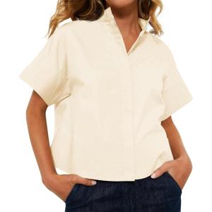 imageCicy Bell Womens Cropped Short Sleeve Button Down Shirts Pleated Summer Dressy Casual Blouse Stand Collar Loose Fit TopsBeige