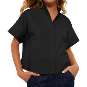 imageCicy Bell Womens Cropped Short Sleeve Button Down Shirts Pleated Summer Dressy Casual Blouse Stand Collar Loose Fit TopsBlack