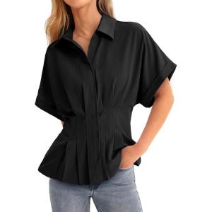 imageCicy Bell Womens Pleated Button Down Blouse Summer Cuffed Short Sleeve Peplum Tops Casual Dressy Fitted Waist ShirtsBlack