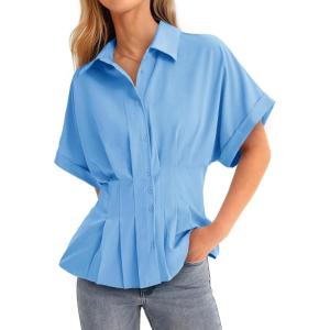 imageCicy Bell Womens Pleated Button Down Blouse Summer Cuffed Short Sleeve Peplum Tops Casual Dressy Fitted Waist ShirtsBlue