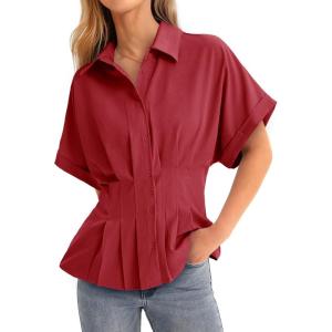 imageCicy Bell Womens Pleated Button Down Blouse Summer Cuffed Short Sleeve Peplum Tops Casual Dressy Fitted Waist ShirtsDark Red