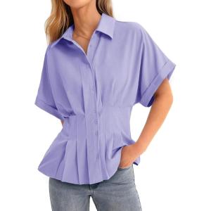 imageCicy Bell Womens Pleated Button Down Blouse Summer Cuffed Short Sleeve Peplum Tops Casual Dressy Fitted Waist ShirtsLight Purple