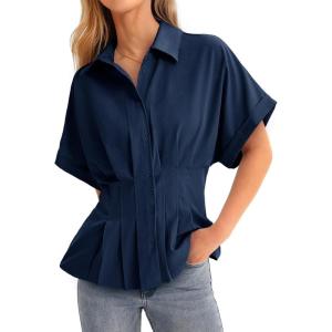 imageCicy Bell Womens Pleated Button Down Blouse Summer Cuffed Short Sleeve Peplum Tops Casual Dressy Fitted Waist ShirtsNavy