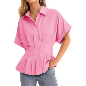 imageCicy Bell Womens Pleated Button Down Blouse Summer Cuffed Short Sleeve Peplum Tops Casual Dressy Fitted Waist ShirtsPink