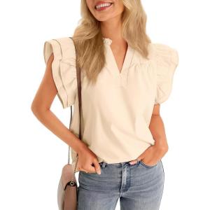 imageCicy Bell Womens Ruffle Cap Sleeve Tank Tops V Neck Dressy Casual Blouses Summer Sleeveless Cotton ShirtsBeige