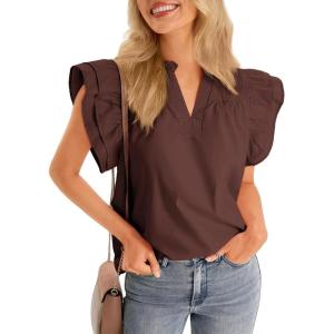 imageCicy Bell Womens Ruffle Cap Sleeve Tank Tops V Neck Dressy Casual Blouses Summer Sleeveless Cotton ShirtsBrown