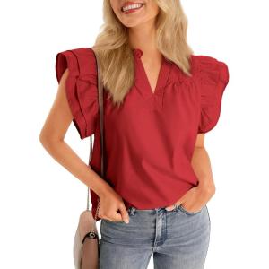 imageCicy Bell Womens Ruffle Cap Sleeve Tank Tops V Neck Dressy Casual Blouses Summer Sleeveless Cotton ShirtsRed