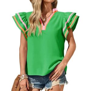 imageCicy Bell Womens Ruffle Color Block Tank Tops V Neck Dressy Casual Blouses Loose Fit Pleated Cotton ShirtsGreen