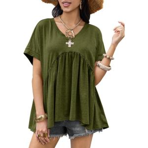 imageCicy Bell Womens Summer Peplum Tops Oversized Babydoll Short Sleeve V Neck T Shirts Casual Loose Pleated Swing BlouseArmy Green