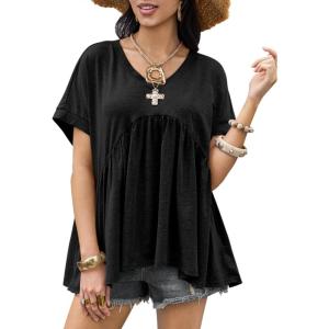 imageCicy Bell Womens Summer Peplum Tops Oversized Babydoll Short Sleeve V Neck T Shirts Casual Loose Pleated Swing BlouseBlack