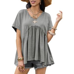 imageCicy Bell Womens Summer Peplum Tops Oversized Babydoll Short Sleeve V Neck T Shirts Casual Loose Pleated Swing BlouseGrey