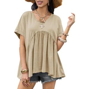 imageCicy Bell Womens Summer Peplum Tops Oversized Babydoll Short Sleeve V Neck T Shirts Casual Loose Pleated Swing BlouseKhaki