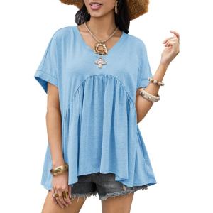 imageCicy Bell Womens Summer Peplum Tops Oversized Babydoll Short Sleeve V Neck T Shirts Casual Loose Pleated Swing BlouseSky Blue