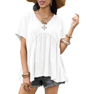 imageCicy Bell Womens Summer Peplum Tops Oversized Babydoll Short Sleeve V Neck T Shirts Casual Loose Pleated Swing BlouseWhite