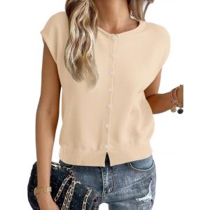 imageCicy Bell Womens Cap Sleeve Sweater Vest Lightweight Casual Knit Tank Tops Trendy Crew Neck Button CardigansBeige