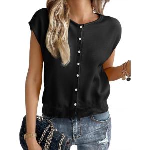 imageCicy Bell Womens Cap Sleeve Sweater Vest Lightweight Casual Knit Tank Tops Trendy Crew Neck Button CardigansBlack