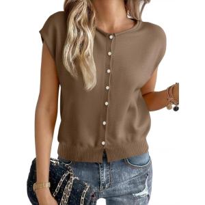 imageCicy Bell Womens Cap Sleeve Sweater Vest Lightweight Casual Knit Tank Tops Trendy Crew Neck Button CardigansBrown