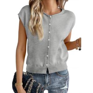 imageCicy Bell Womens Cap Sleeve Sweater Vest Lightweight Casual Knit Tank Tops Trendy Crew Neck Button CardigansGrey