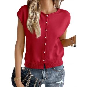 imageCicy Bell Womens Cap Sleeve Sweater Vest Lightweight Casual Knit Tank Tops Trendy Crew Neck Button CardigansRed