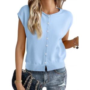 imageCicy Bell Womens Cap Sleeve Sweater Vest Lightweight Casual Knit Tank Tops Trendy Crew Neck Button CardigansSky Blue