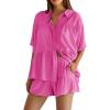 imageCicy Bell Womens 2 Piece Outfits Summer Pleated Button Down Shirts High Waisted Shorts Lounge Sets Bright Pink